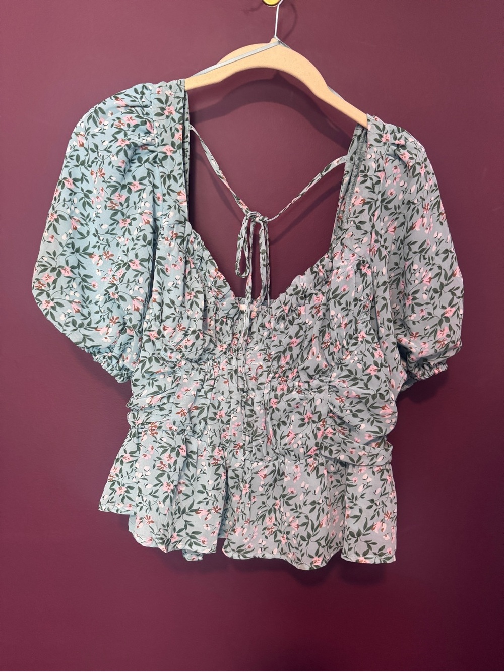 ASTR the Label Blue Floral Puff-Sleeve Corset with underwire Peplum Blouse